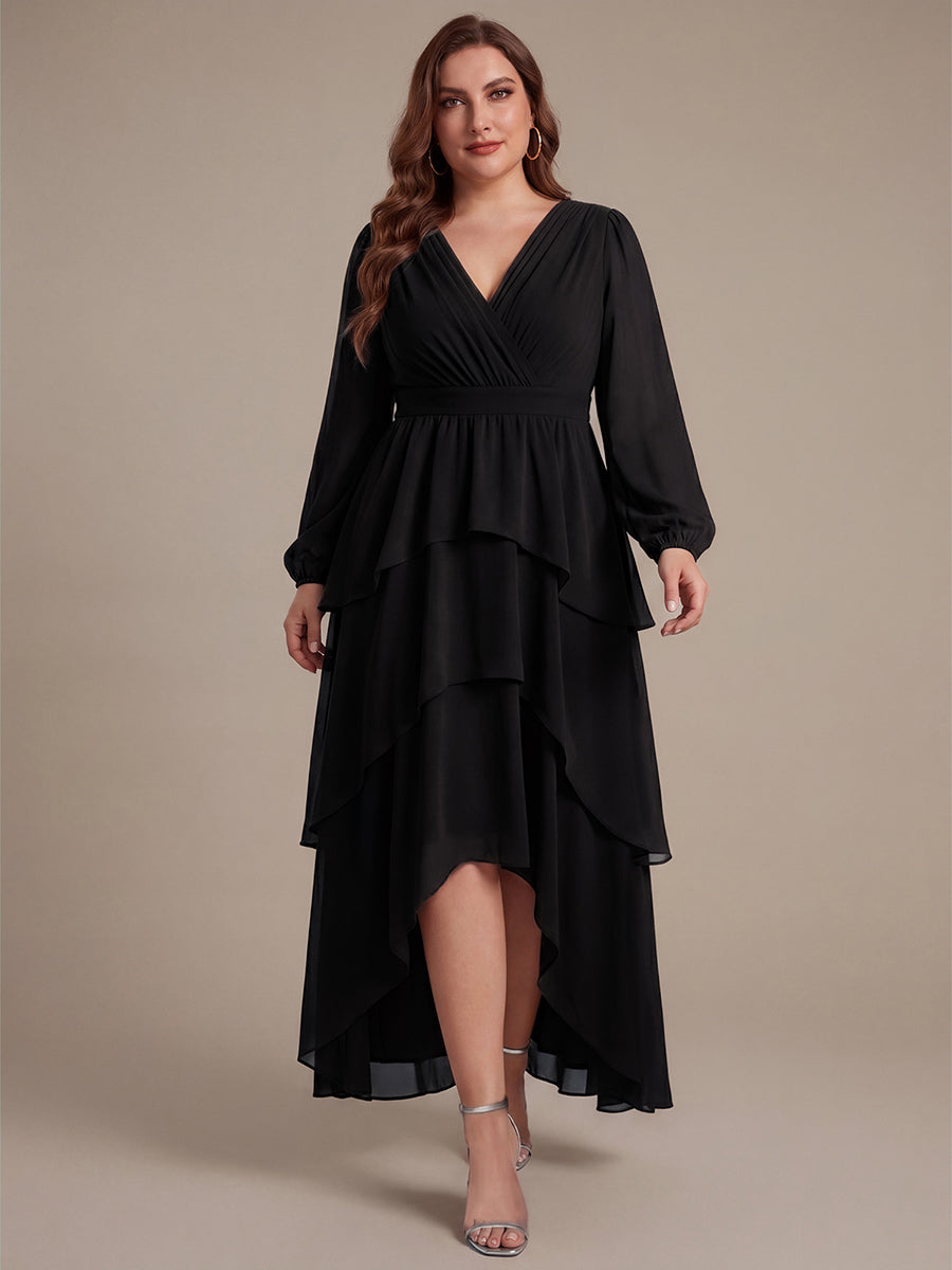 Robe à manches longues évasée non élastique avec encolure croisée à volants #Couleur_Noir