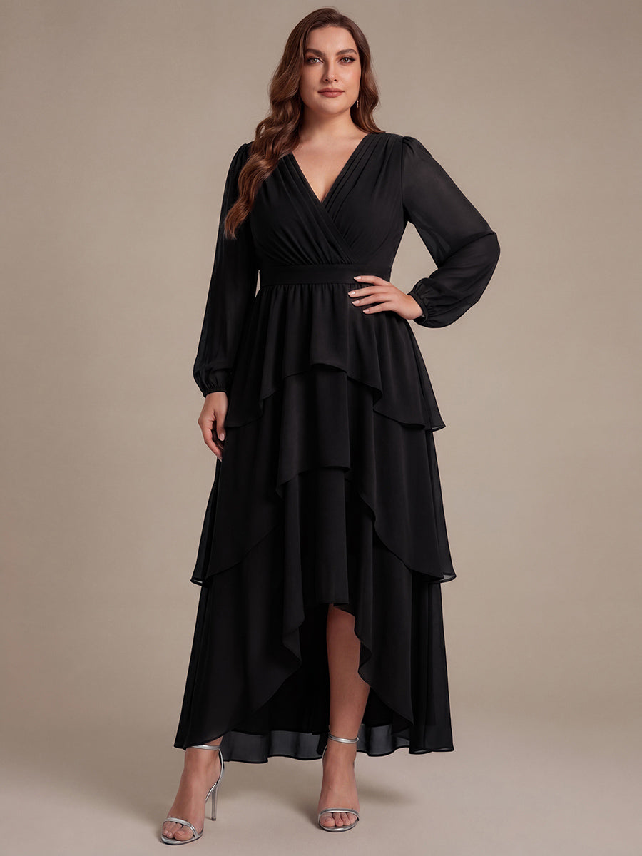 Robe à manches longues évasée non élastique avec encolure croisée à volants #Couleur_Noir