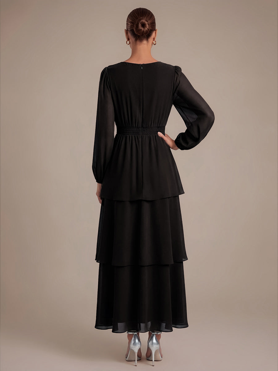 Robe à manches longues évasée non élastique avec encolure croisée à volants #Couleur_Noir