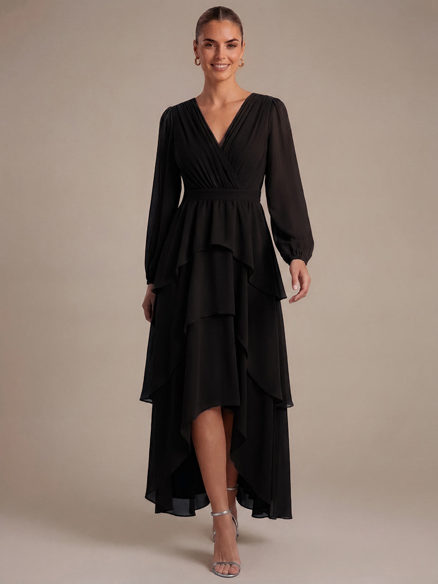 Robe à manches longues évasée non élastique avec encolure croisée à volants #Couleur_Noir