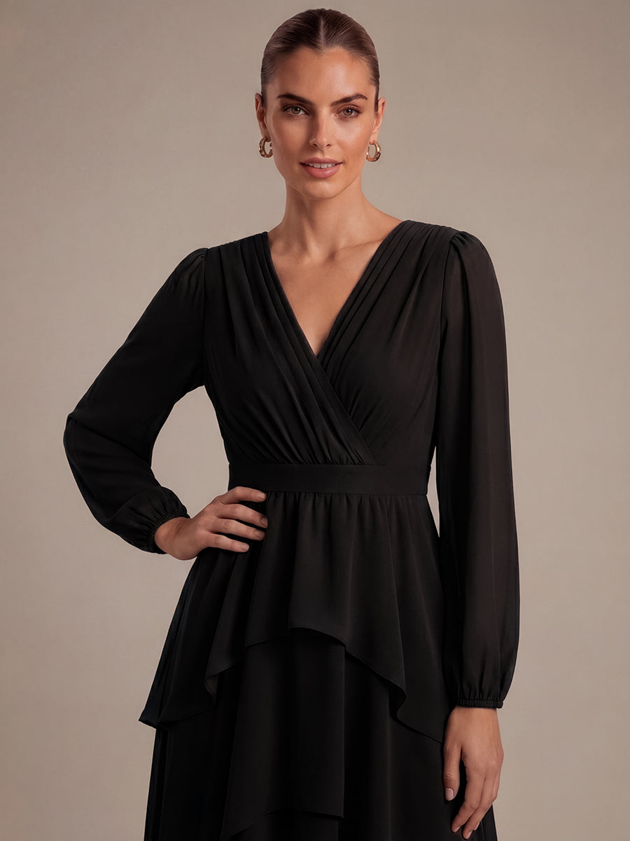 Robe à manches longues évasée non élastique avec encolure croisée à volants #Couleur_Noir