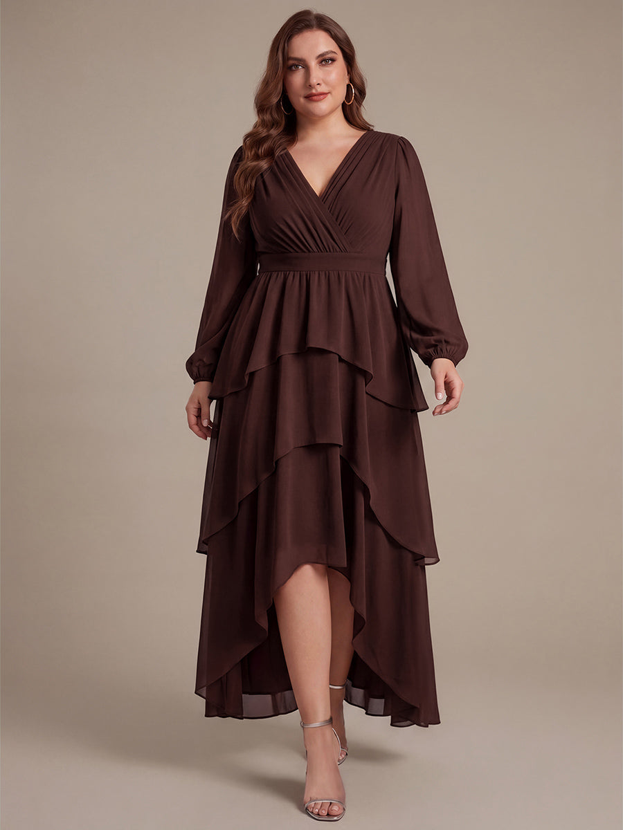 Robe à manches longues évasée non élastique avec encolure croisée à volants #Couleur_Marron chocolat
