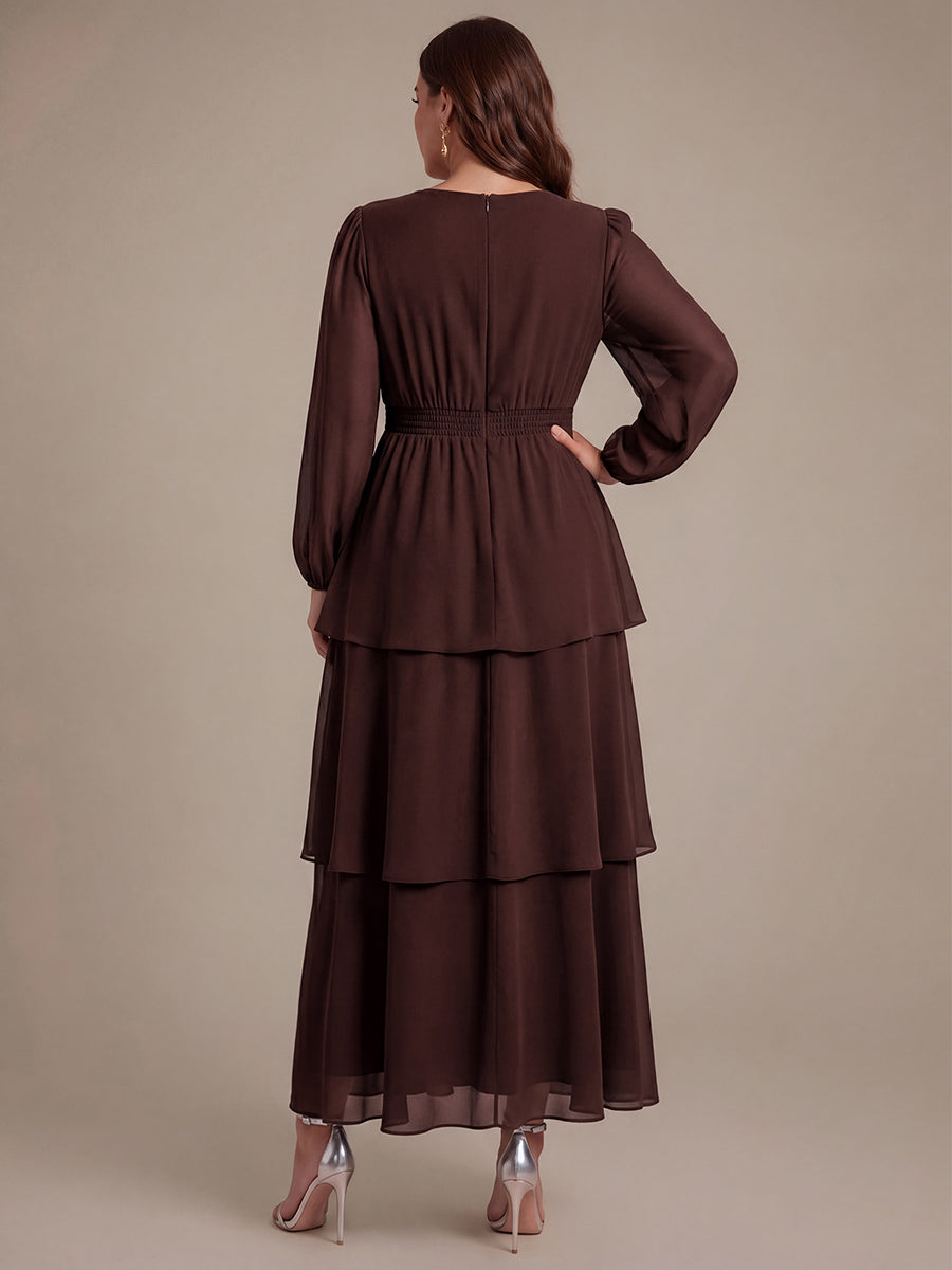 Robe à manches longues évasée non élastique avec encolure croisée à volants #Couleur_Marron chocolat