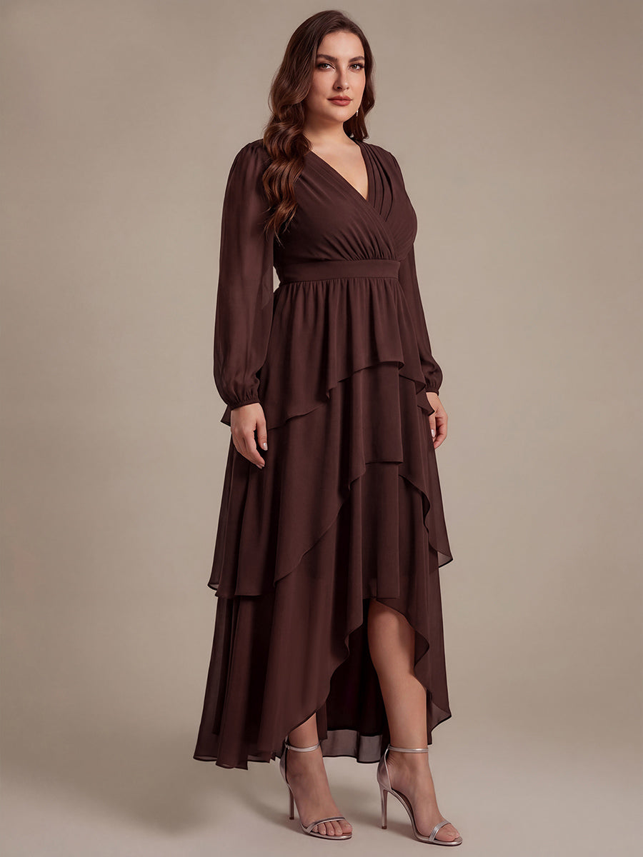 Robe à manches longues évasée non élastique avec encolure croisée à volants #Couleur_Marron chocolat