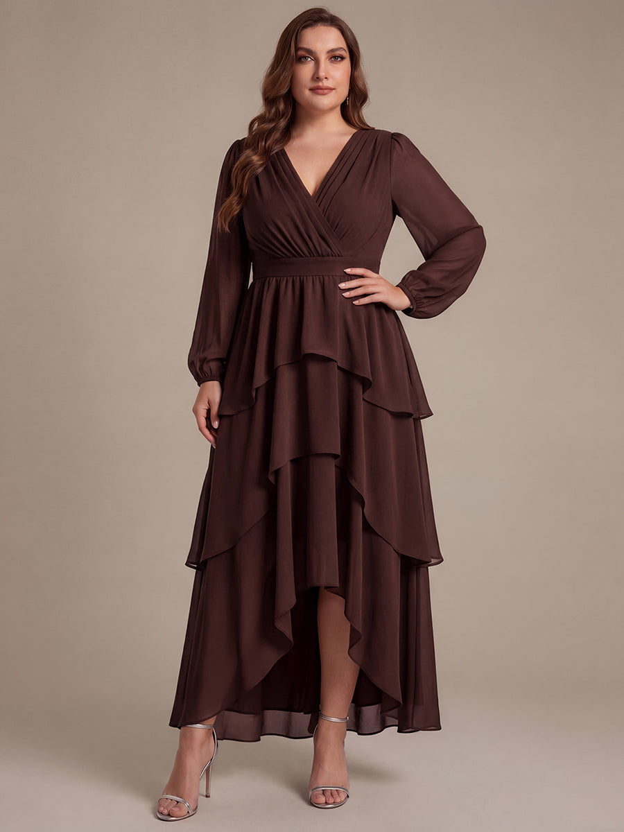 Robe à manches longues évasée non élastique avec encolure croisée à volants #Couleur_Marron chocolat