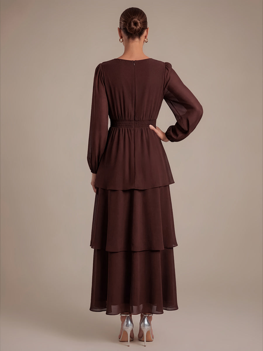 Robe à manches longues évasée non élastique avec encolure croisée à volants #Couleur_Marron chocolat