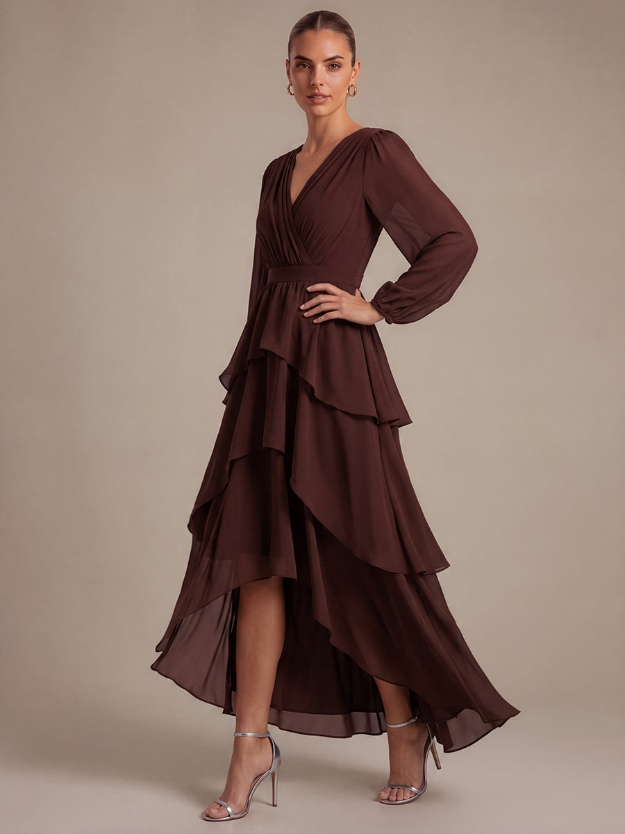 Robe à manches longues évasée non élastique avec encolure croisée à volants #Couleur_Marron chocolat