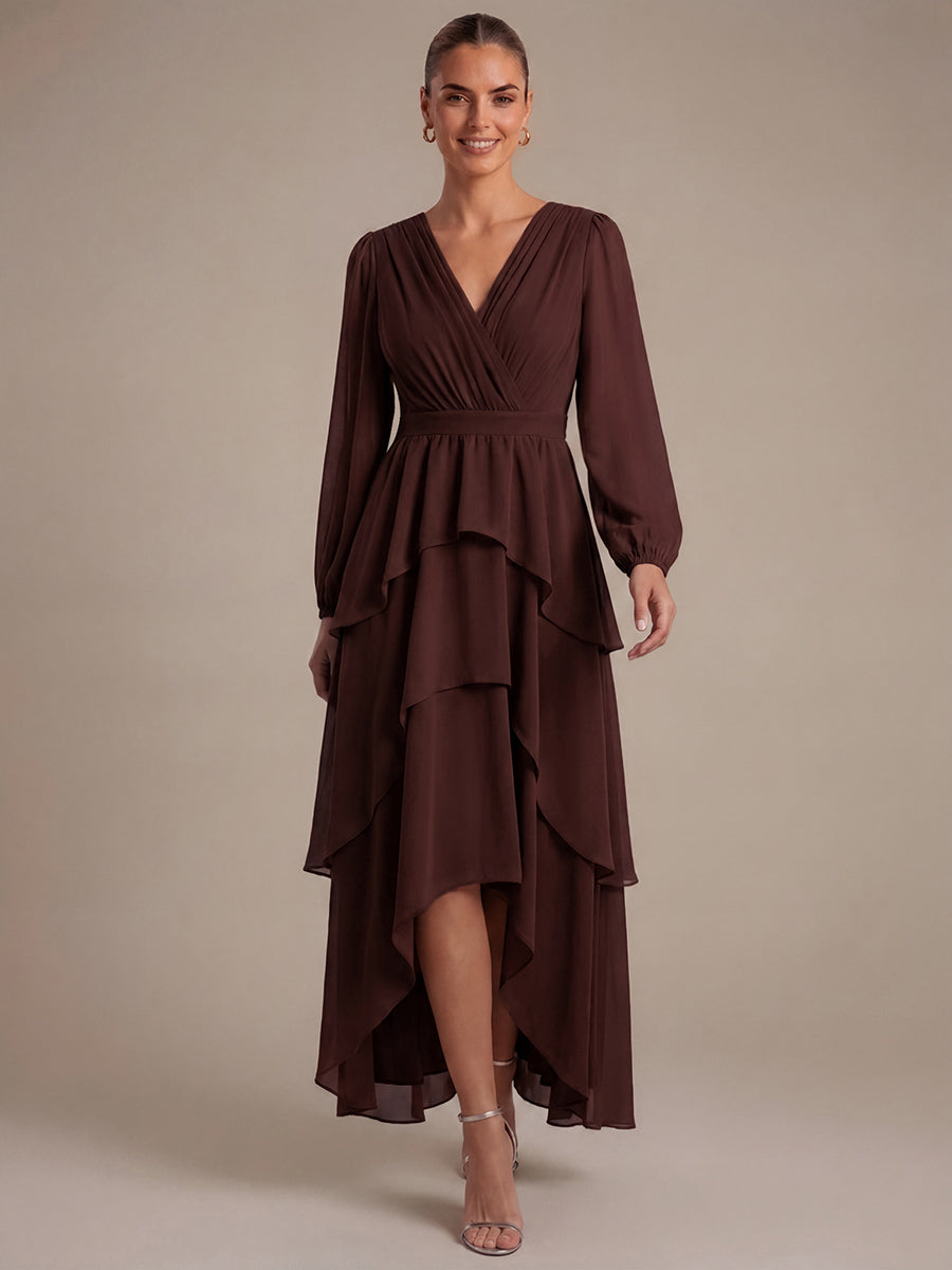 Robe à manches longues évasée non élastique avec encolure croisée à volants #Couleur_Marron chocolat