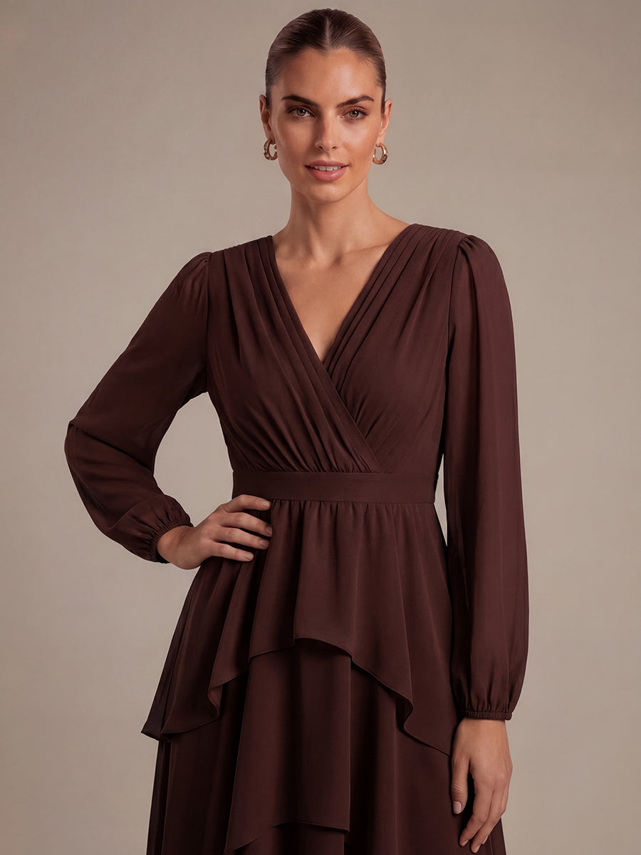 Robe à manches longues évasée non élastique avec encolure croisée à volants #Couleur_Marron chocolat