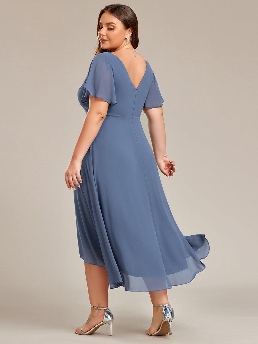 Robe Mariage Invitée haute-basse mousseline col en V Manches à volants #Couleur_Marine Fume