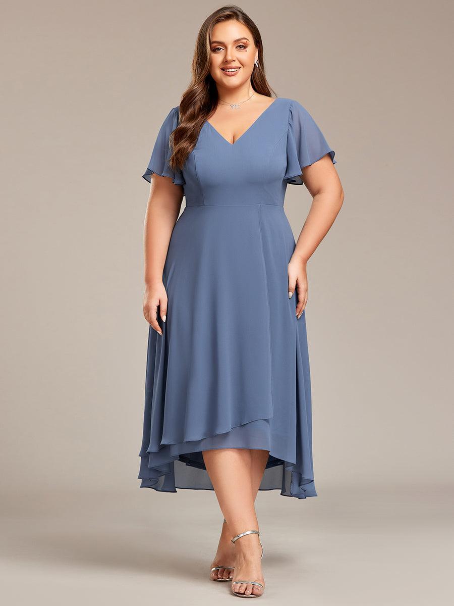 Robe Mariage Invitée haute-basse mousseline col en V Manches à volants #Couleur_Marine Fume