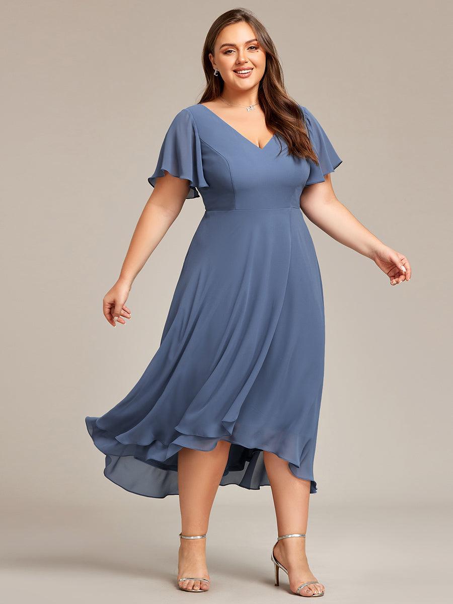Robe Mariage Invitée haute-basse mousseline col en V Manches à volants #Couleur_Marine Fume