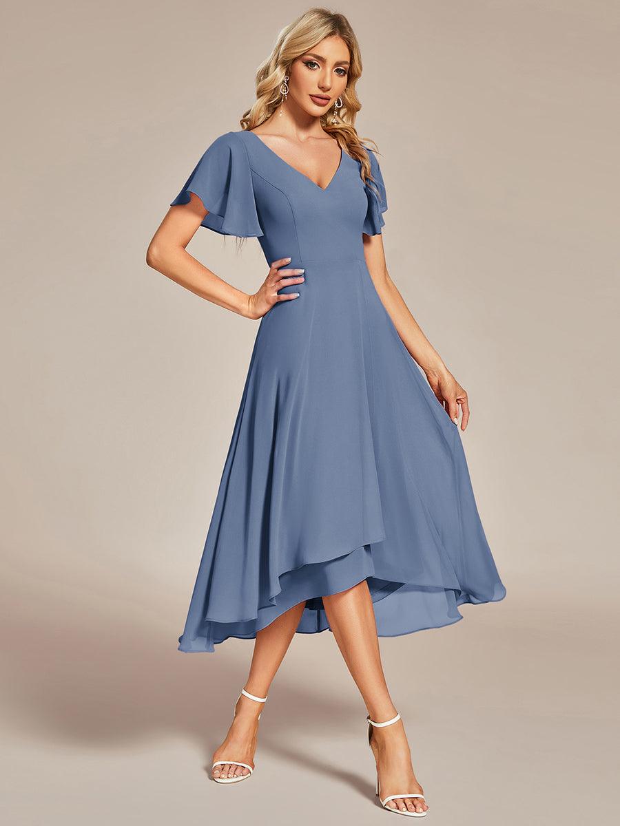 Robe Mariage Invitée haute-basse mousseline col en V Manches à volants #Couleur_Marine Fume