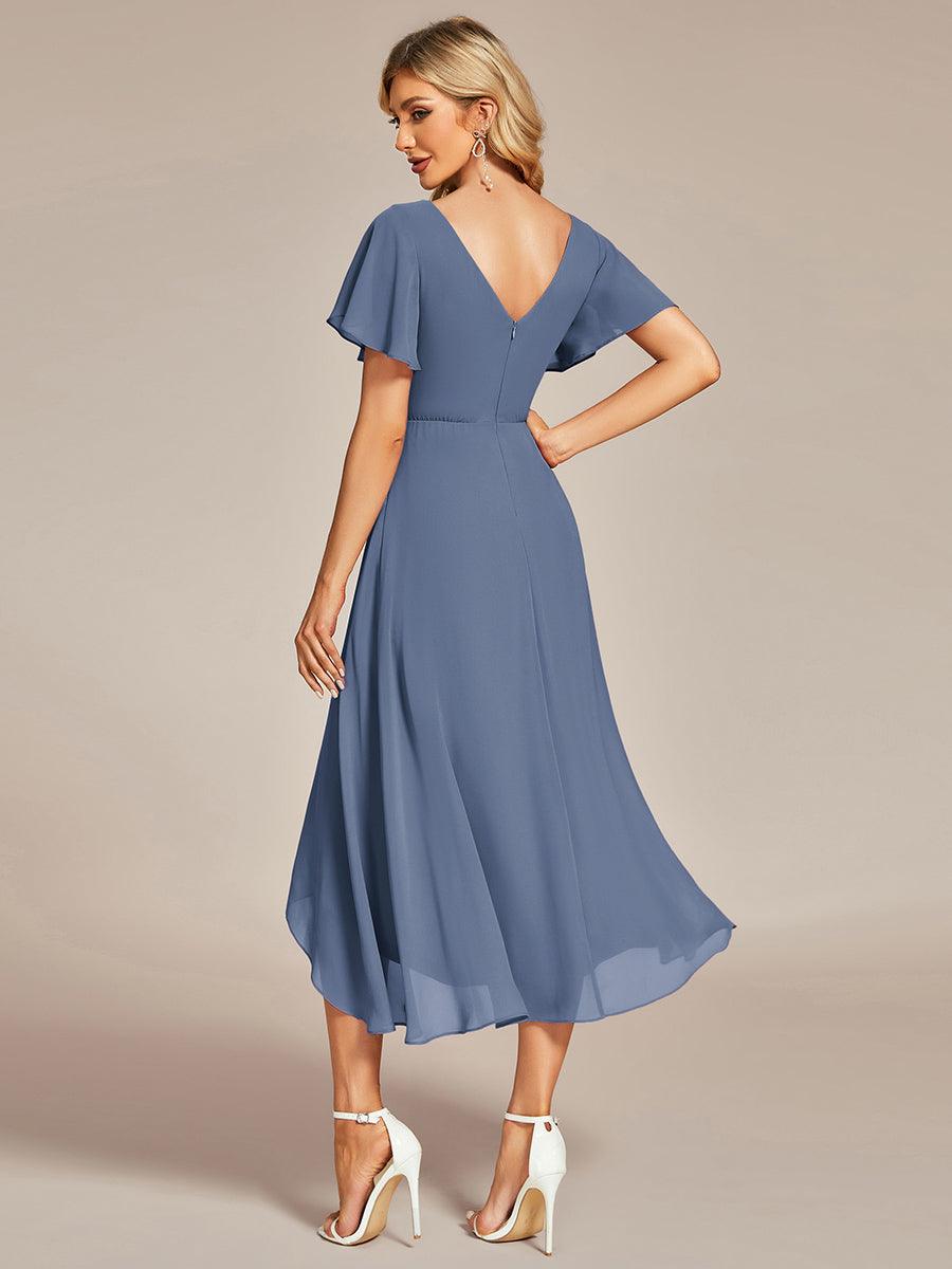 Robe Mariage Invitée haute-basse mousseline col en V Manches à volants #Couleur_Marine Fume