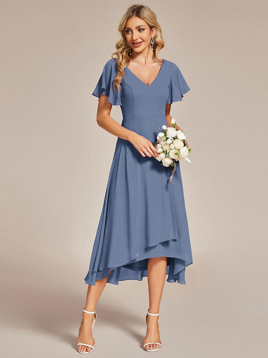 Robe Mariage Invitée haute-basse mousseline col en V Manches à volants #Couleur_Marine Fume