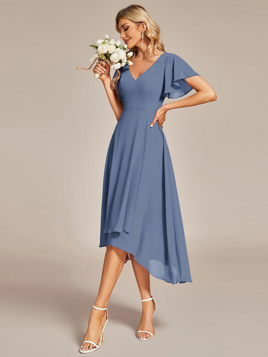 Robe Mariage Invitée haute-basse mousseline col en V Manches à volants #Couleur_Marine Fume