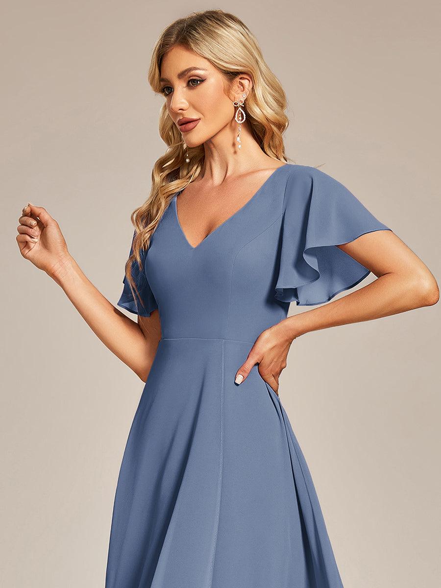Robe Mariage Invitée haute-basse mousseline col en V Manches à volants #Couleur_Marine Fume