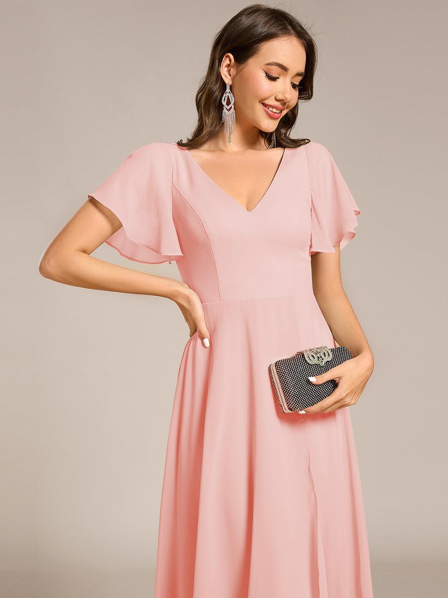 Robe Mariage Invitée haute-basse mousseline col en V Manches à volants #Couleur_Rose