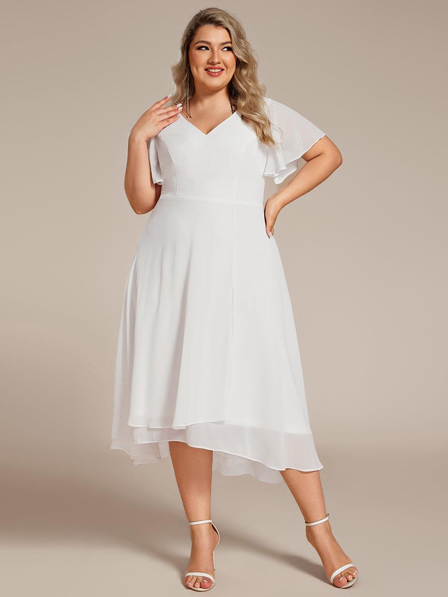 Robe d'invité de mariage en mousseline de soie grande taille avec col en V et manches à volants #Couleur_Blanc