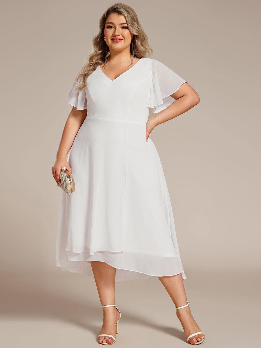 Robe d'invité de mariage en mousseline de soie grande taille avec col en V et manches à volants #Couleur_Blanc