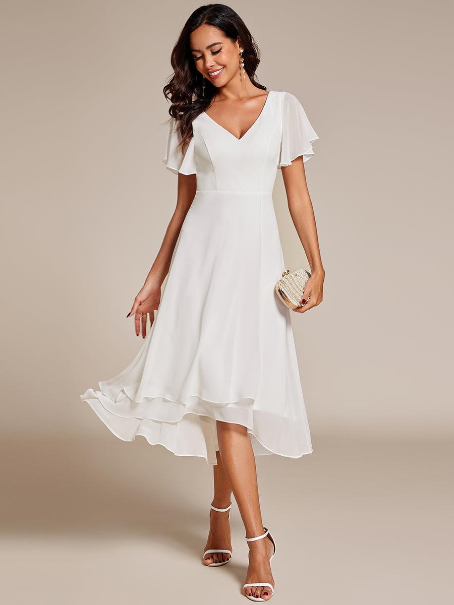 Robe Mariage Invitée haute-basse mousseline col en V Manches à volants #Couleur_Blanc