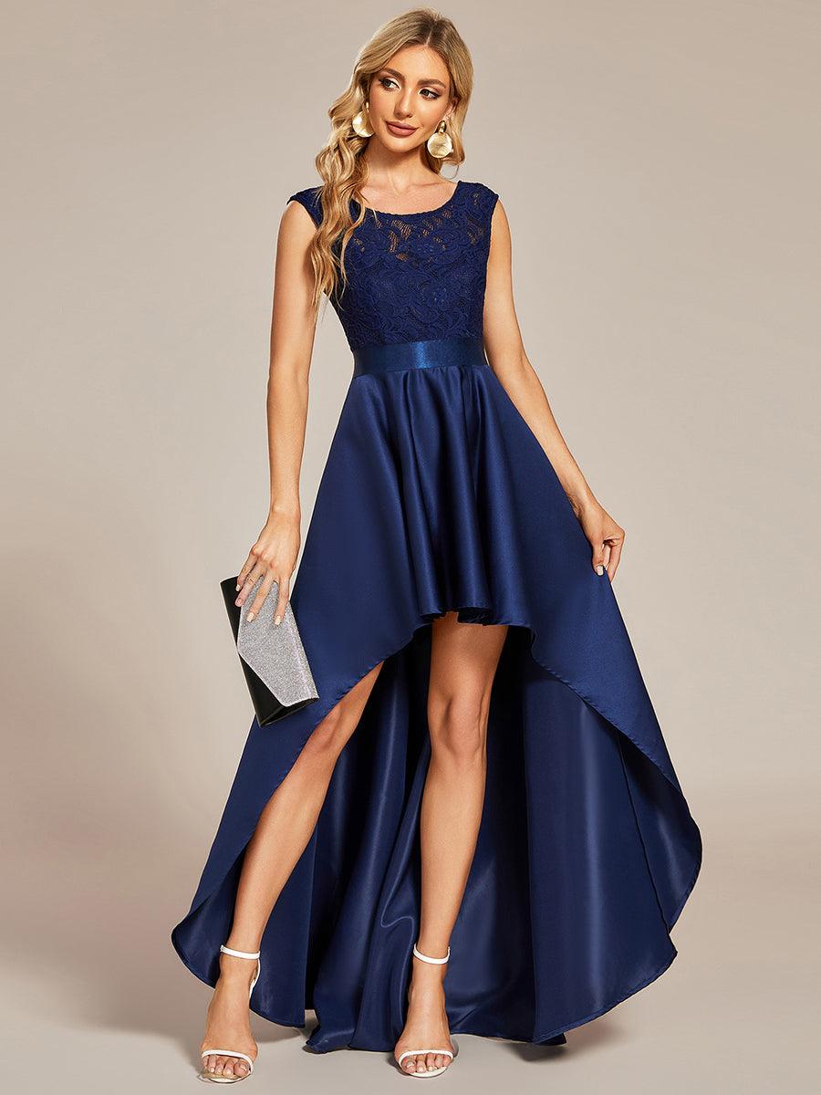 Robe mariage invitée ajustée sans bretelles épaules ordinaires haute-basse #Couleur_Bleu Marine