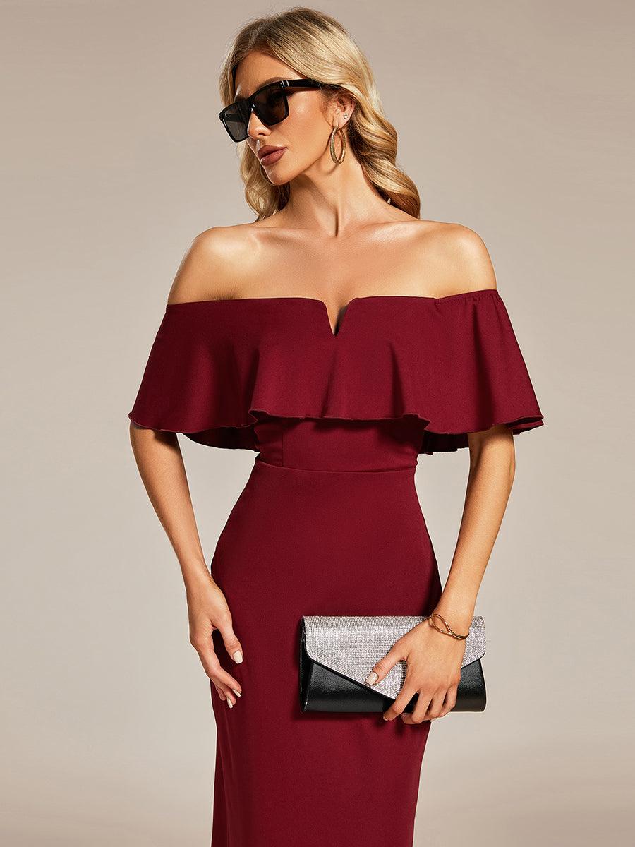 Robe Mariage Invitée moulante à épaules dénudées Longueur du thé #Couleur_Bordeaux