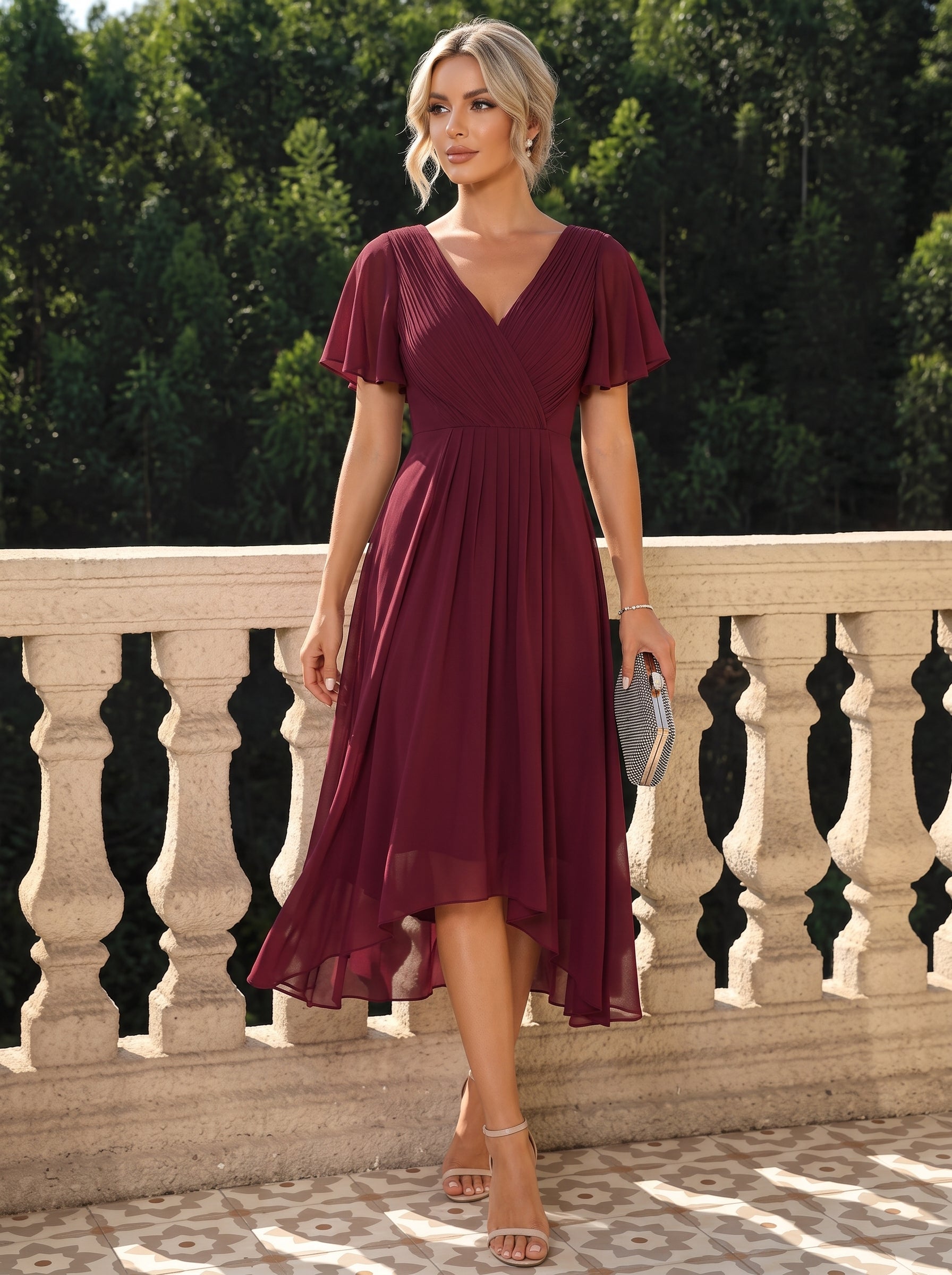 Robe d'invité de mariage chic à col en V #Couleur_Bordeaux