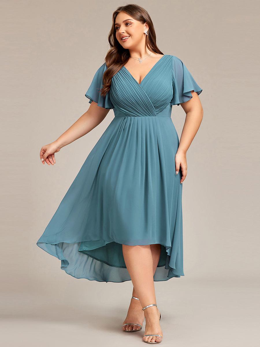 Grande Taille Robe d'invité de mariage chic à col en V #Couleur_Bleu Fume