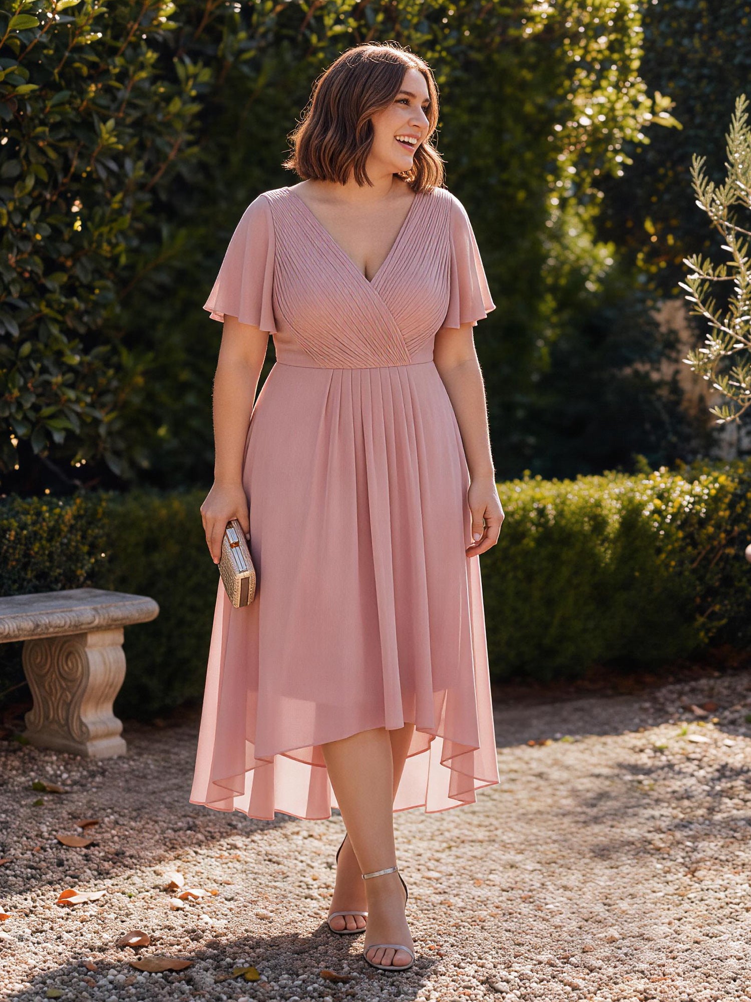 Robe d'invité de mariage chic à col en V #Couleur_Rose fumee