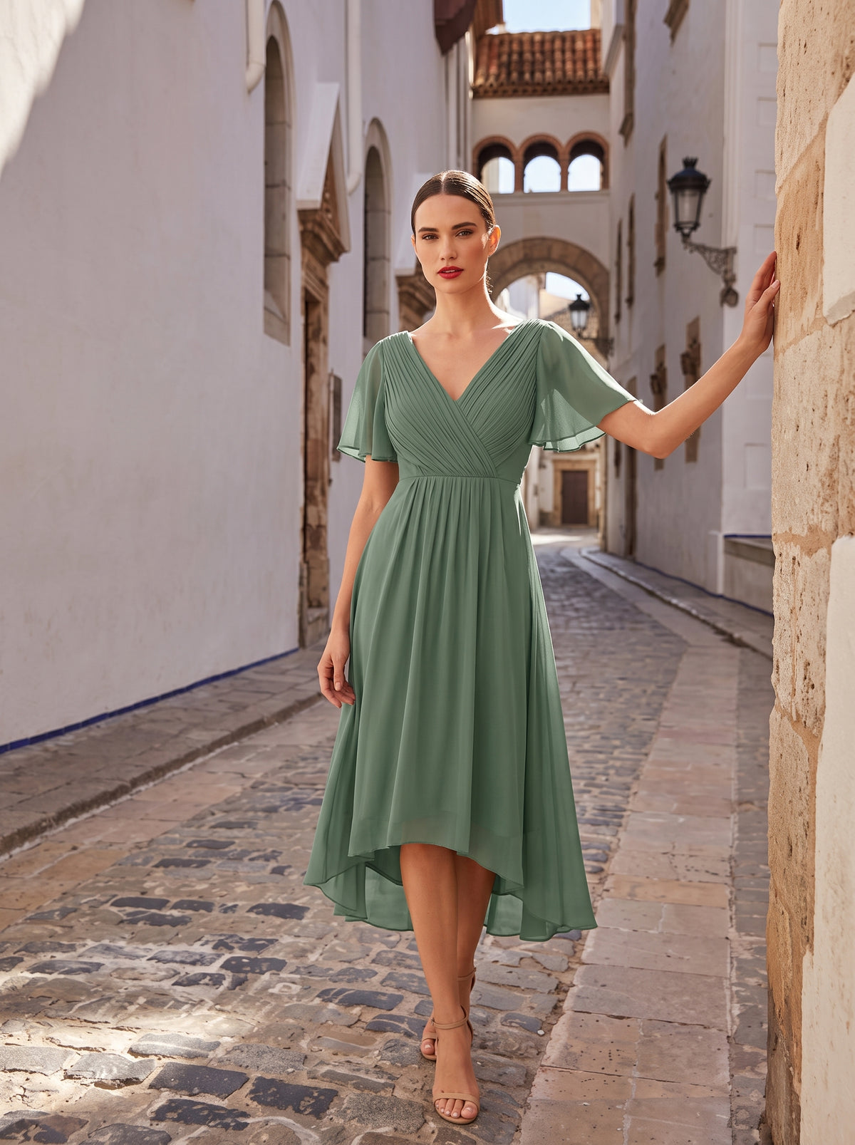 Robe d'invité de mariage chic à col en V #Couleur_Eukalyptus Grün