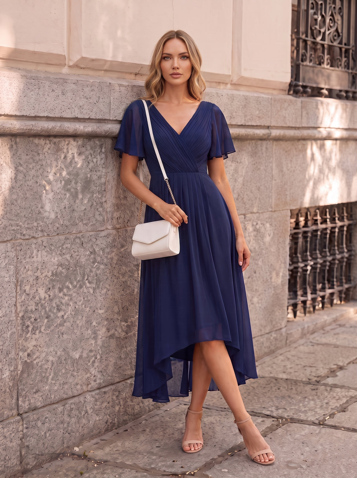 Robe d'invité de mariage chic à col en V #Couleur_Bleu Marine