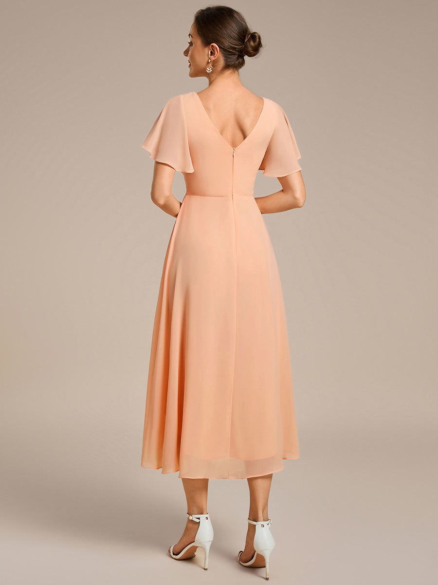Robe d'invité de mariage chic à col en V  #Couleur_Pêche