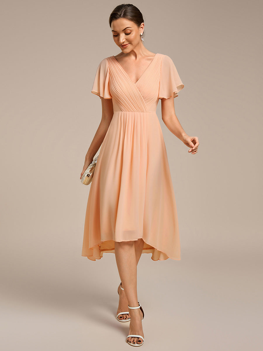 Robe d'invité de mariage chic à col en V  #Couleur_Pêche