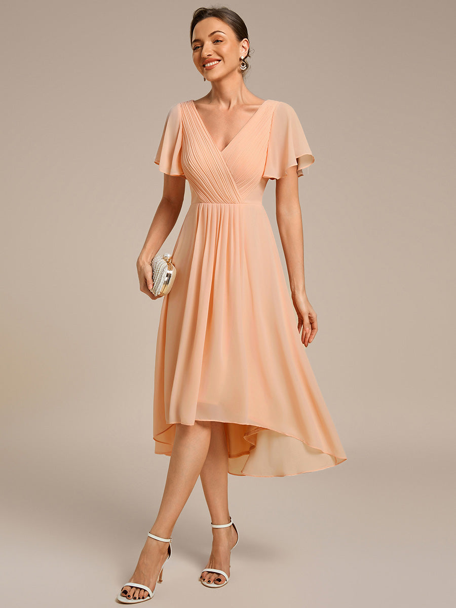 Robe d'invité de mariage chic à col en V  #Couleur_Pêche