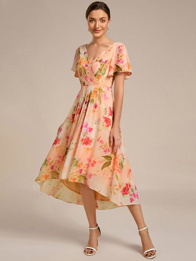 ever FAYE|Robe Invitée de Mariage Fleurie Chic à Col V et Manches Volantées