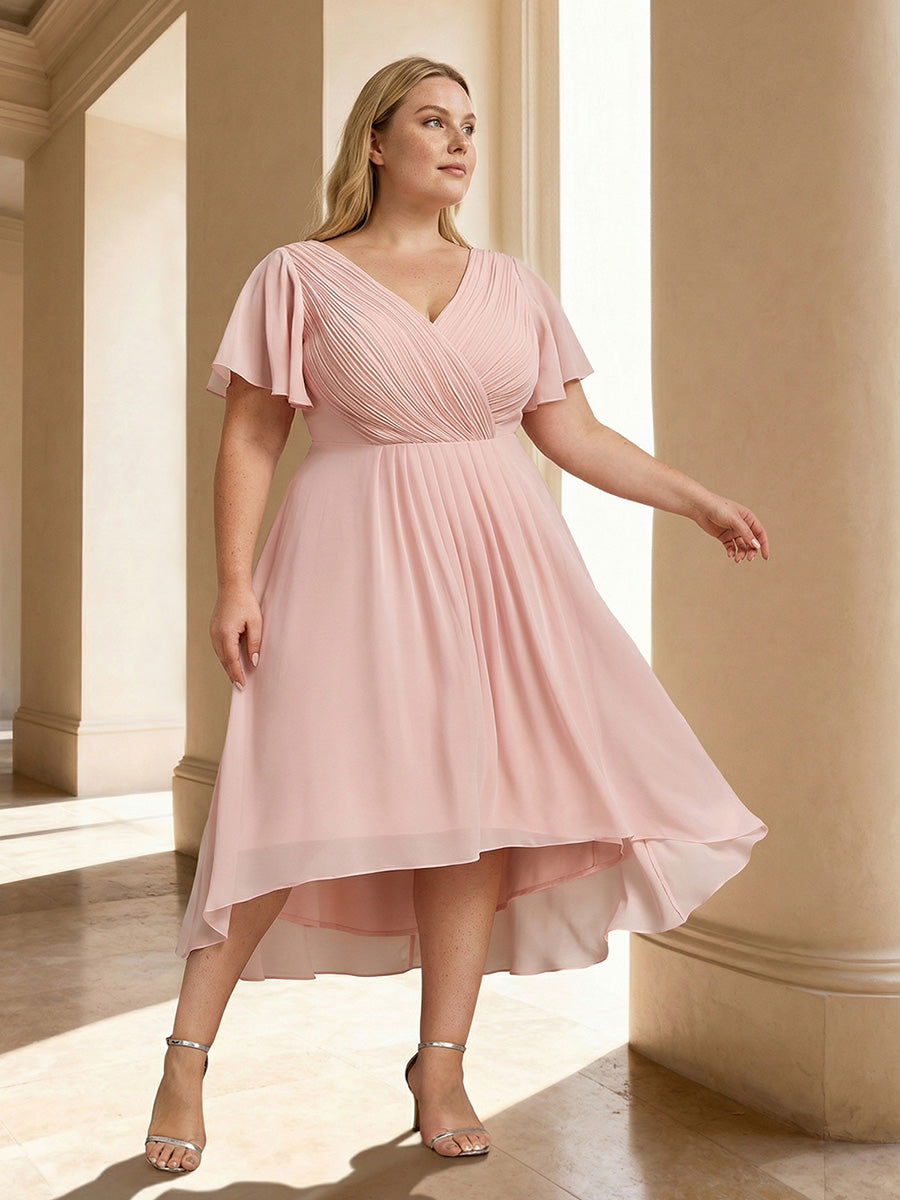 Grande Taille Robe d'invité de mariage chic à col en V #Couleur_Rose