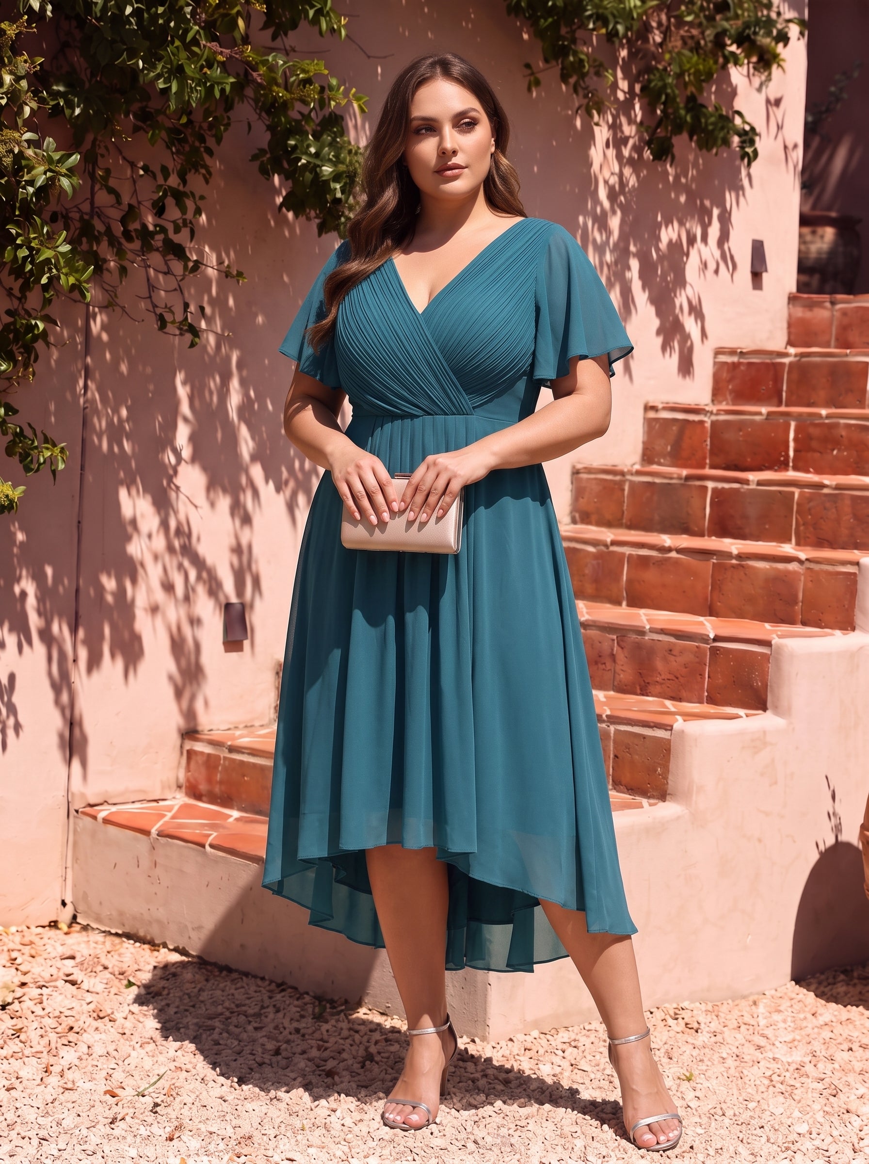 Grande Taille Robe d'invité de mariage chic à col en V #Couleur_Bleu Sarcelle
