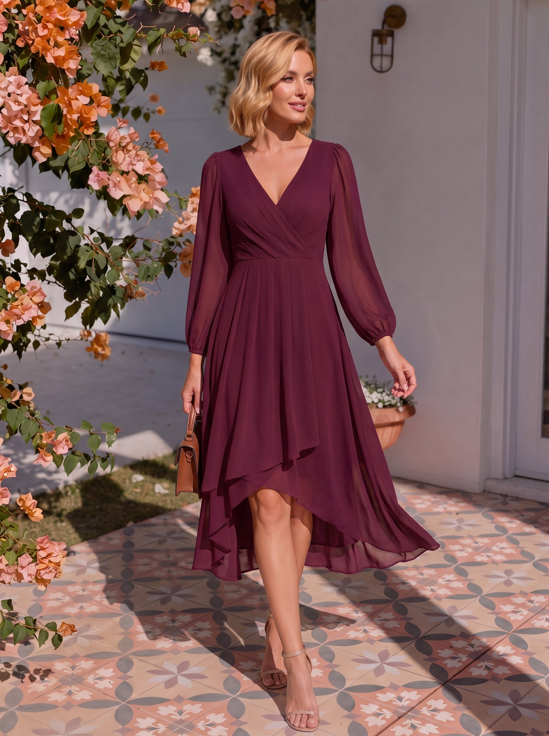 Robe invité de mariage mi-longue manches longues ourlet asymétrique #Couleur_Bordeaux