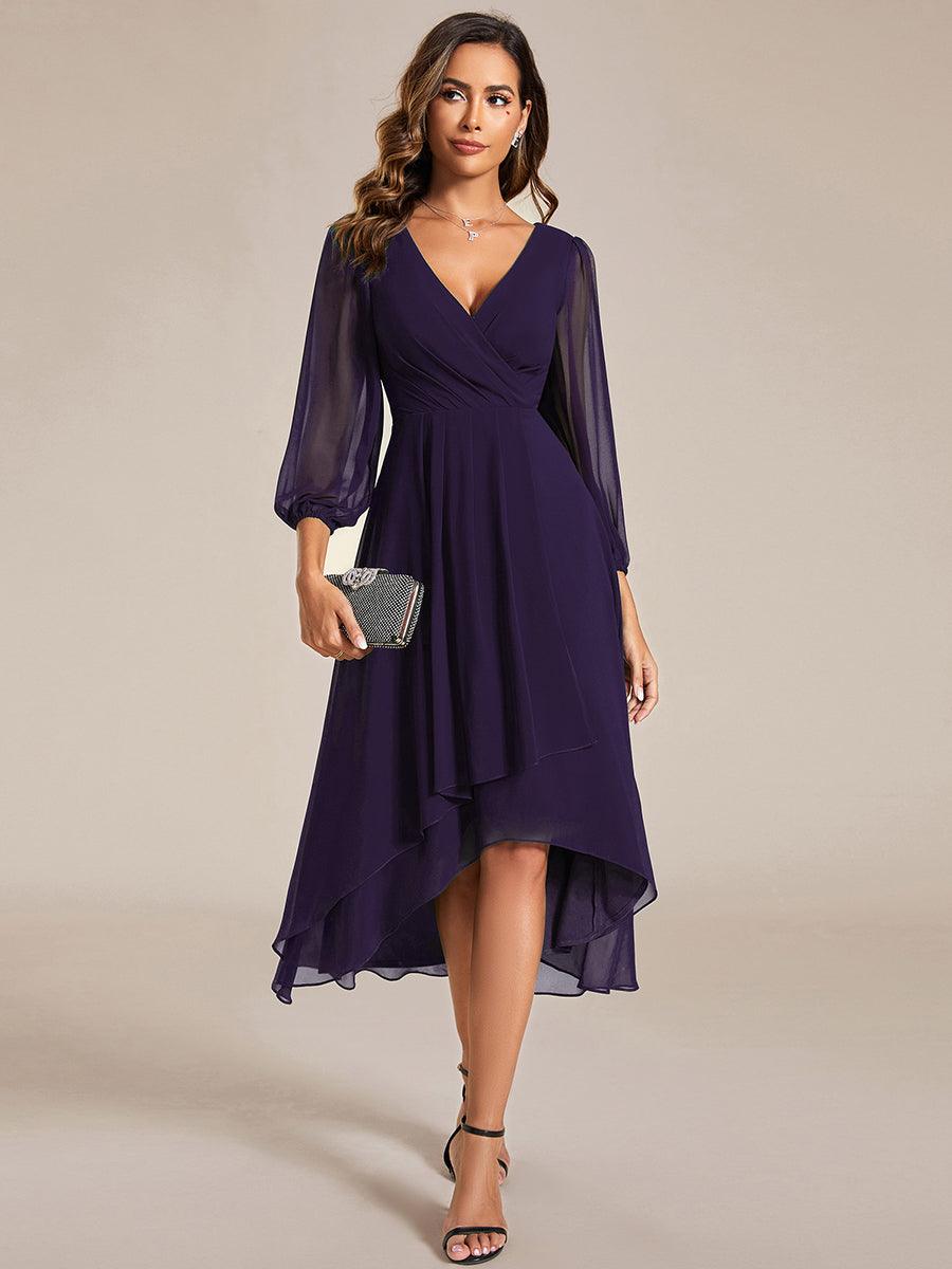 Robe invité de mariage mi-longue manches longues ourlet asymétrique #Couleur_Violet Fonce