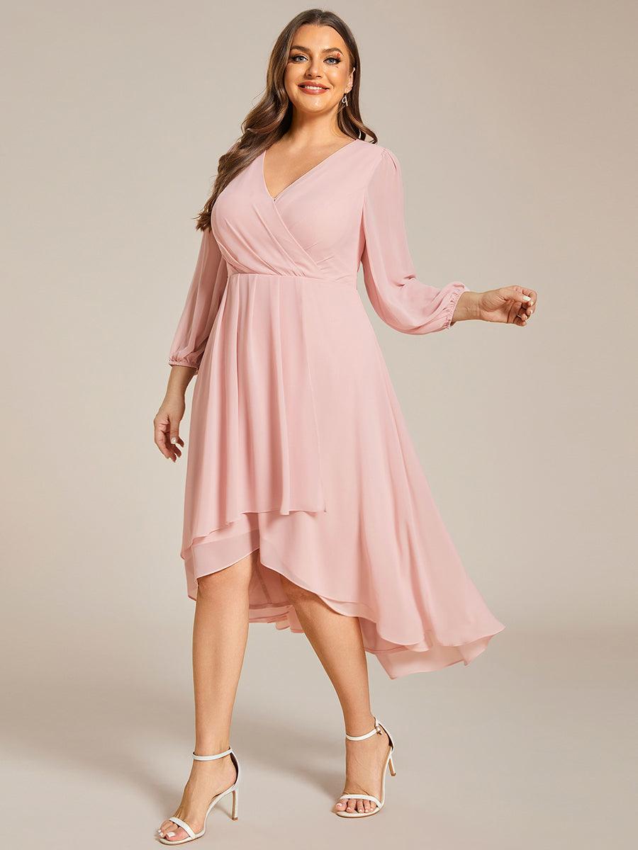 Grande Taille Robe invité de mariage mi-longue manches longues ourlet asymétrique #Couleur_Rose