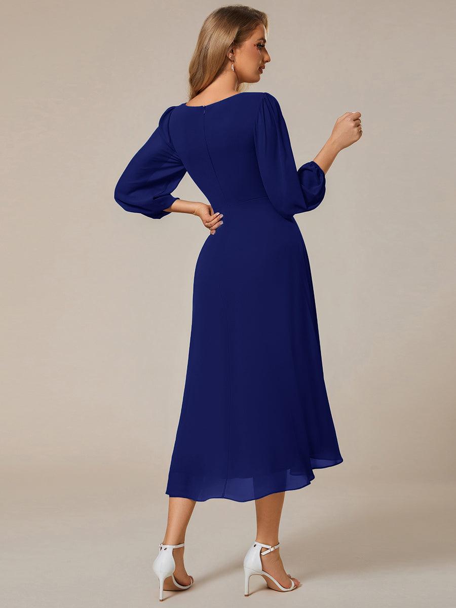 Robe d'invitée de mariage en mousseline à manches longues et col en V #Couleur_Bleu Royal