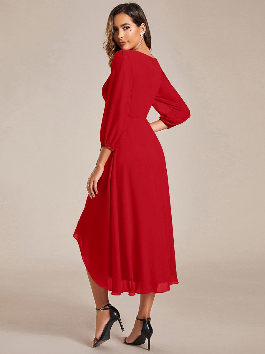 Robe d'invitée de mariage en mousseline à manches longues et col en V #Couleur_Rouge