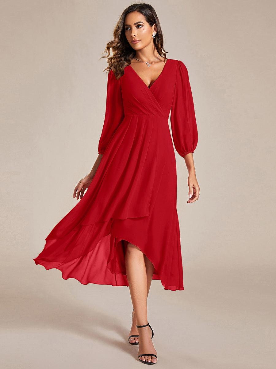 Robe d'invitée de mariage en mousseline à manches longues et col en V #Couleur_Rouge