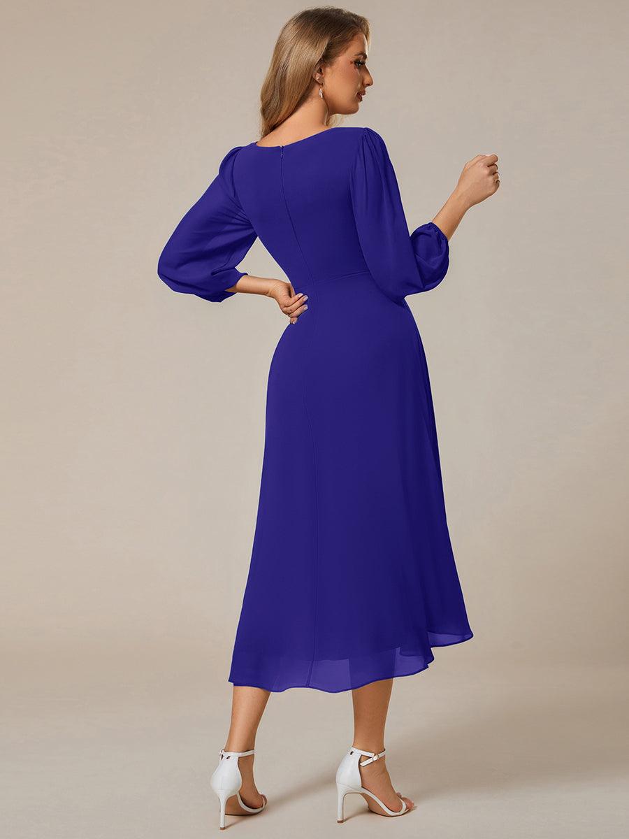 Robe d'invitée de mariage en mousseline à manches longues et col en V #Couleur_Bleu Saphir
