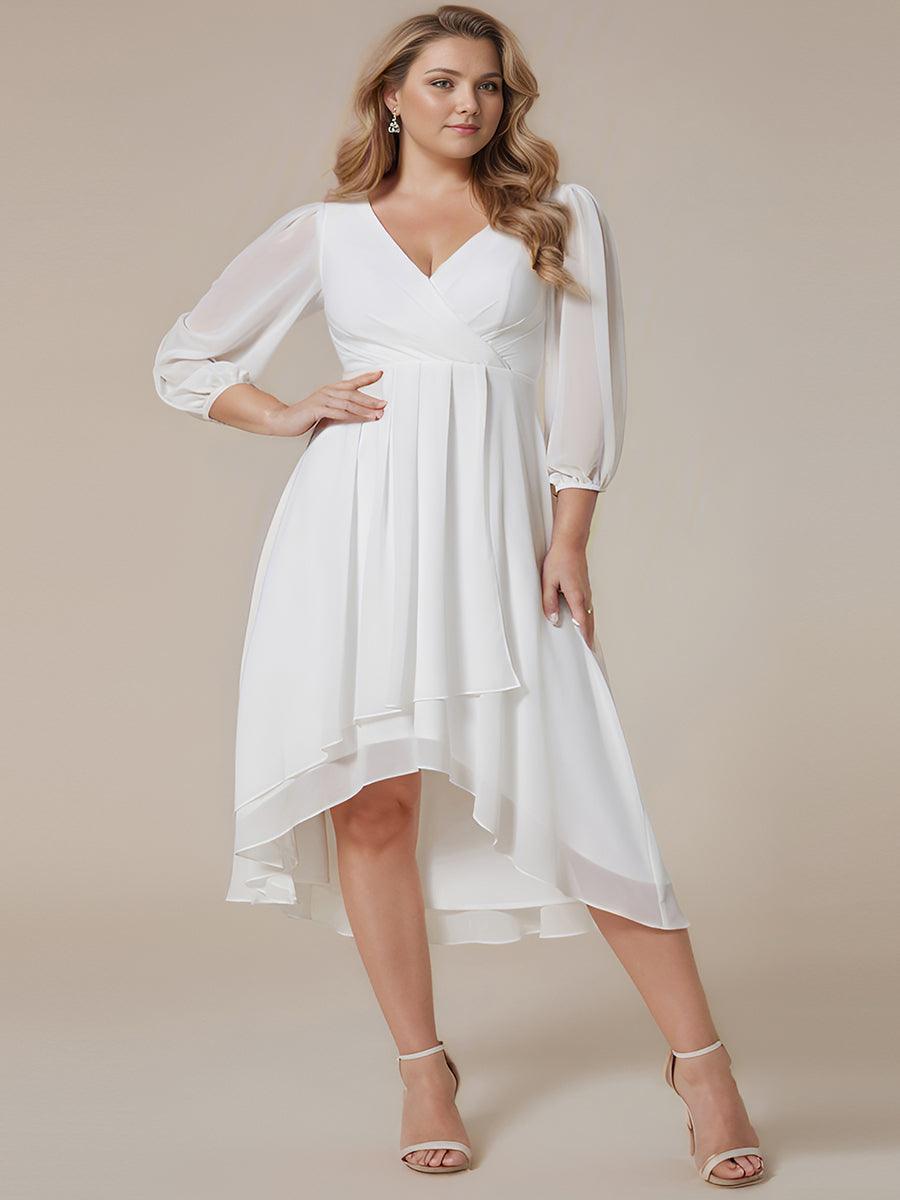 Grande Taille Robe invité de mariage mi-longue manches longues ourlet asymétrique #Couleur_Blanc