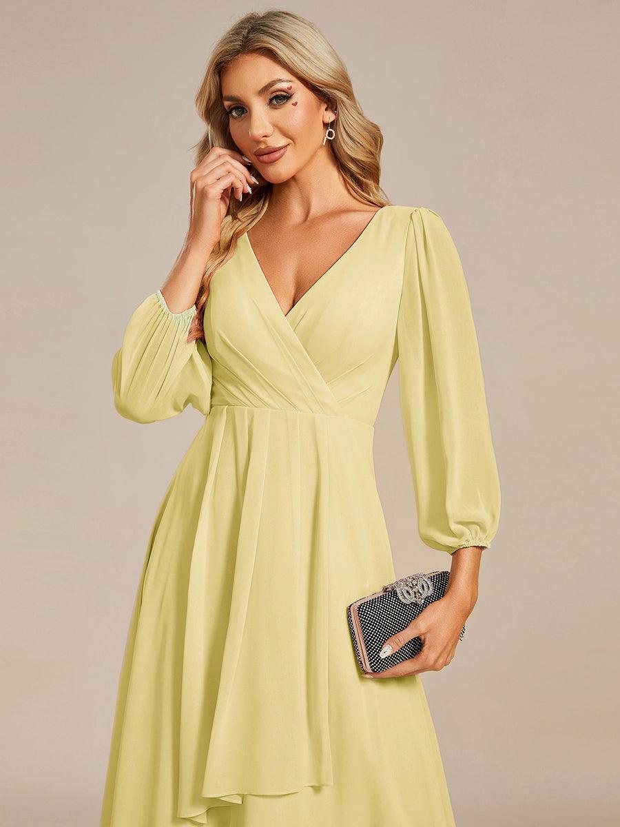 Robe d'invitée de mariage en mousseline à manches longues et col en V #Couleur_Jaune