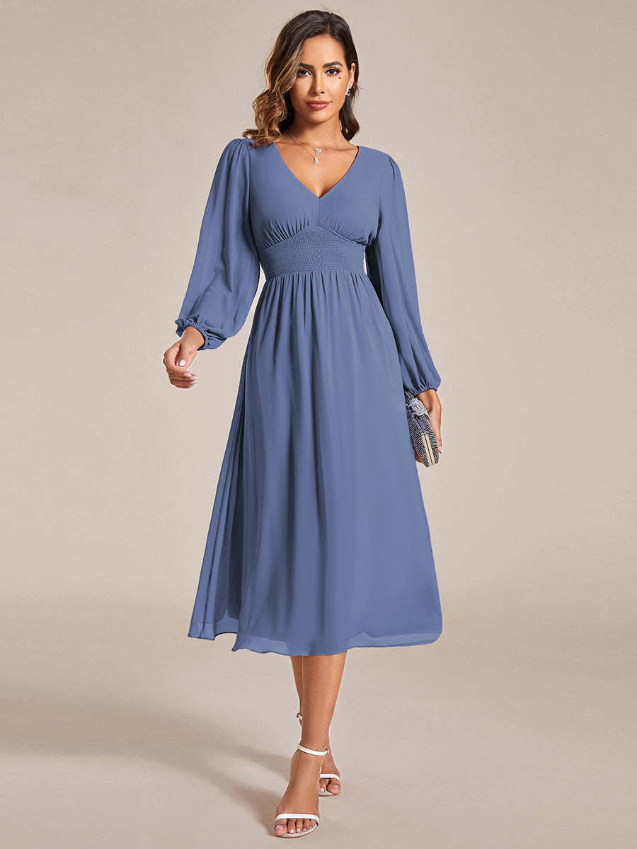 ever AMARA|Robe invité mariage mi-longue élégante à col en V et manches longues