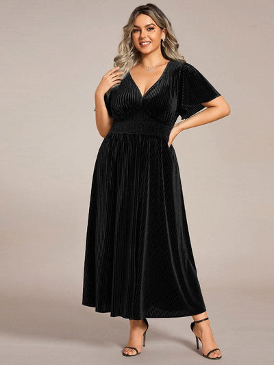 pretty AZALEA|Robe d'invité de mariage grande taille mi-longue en velours d'automne à manches courtes et col V