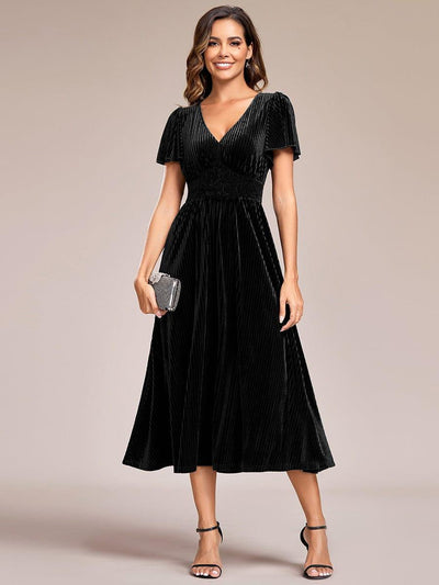 ever AZALEA|Robe invitée mariage mi-longue en velours d'automne à manches courtes et col en V gracieux